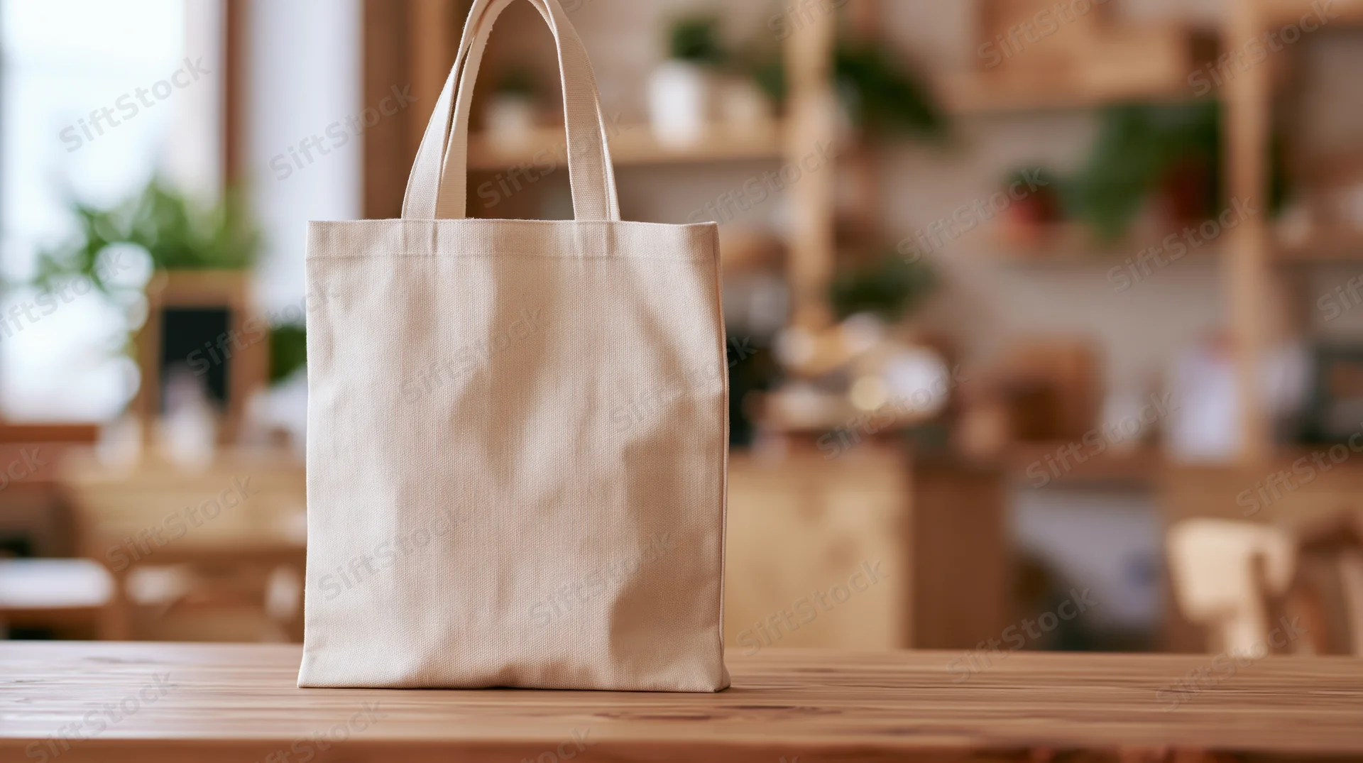 Cream canvas tote bag standing upright on wooden table in workshop interior