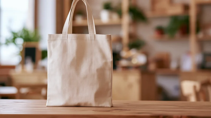 Cream canvas tote bag standing upright on wooden table in workshop interior