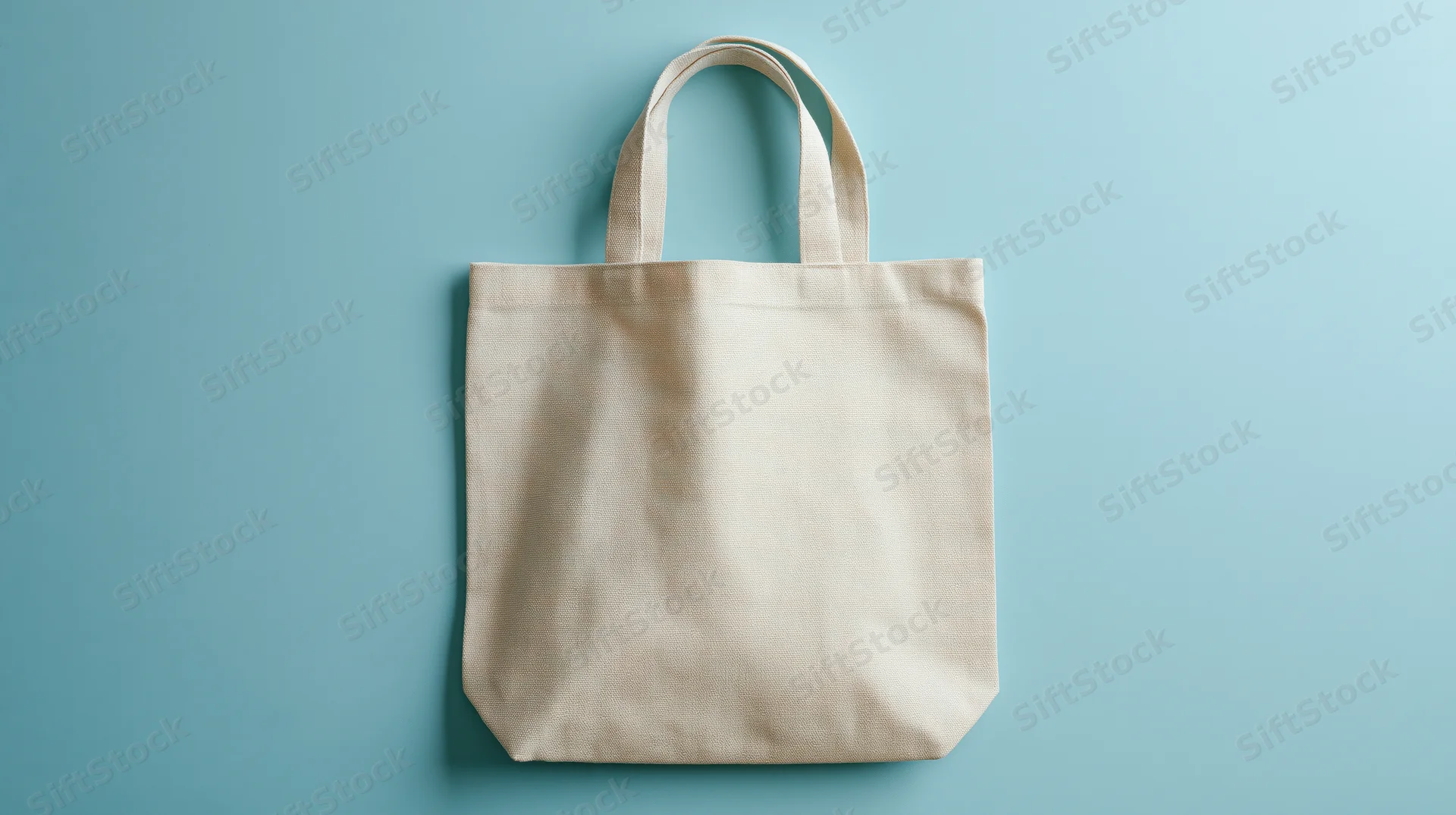 Cream canvas tote bag hanging flat against blue background