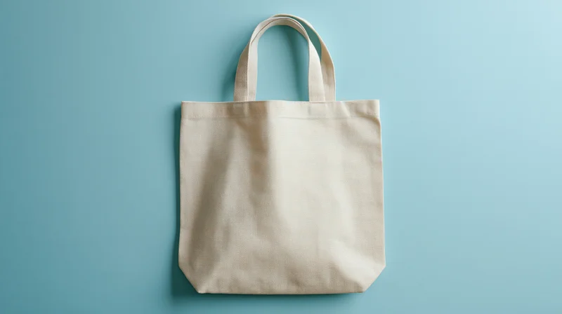 Cream canvas tote bag hanging flat against blue background