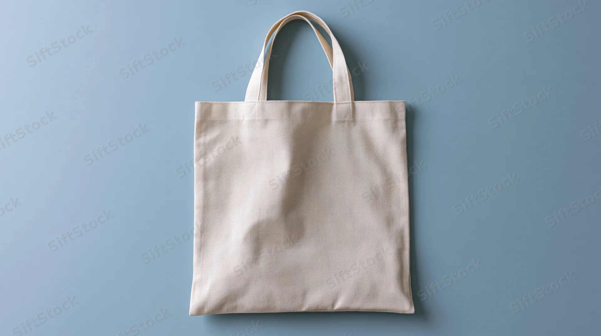 Cream canvas tote bag hanging against blue background with copyspace