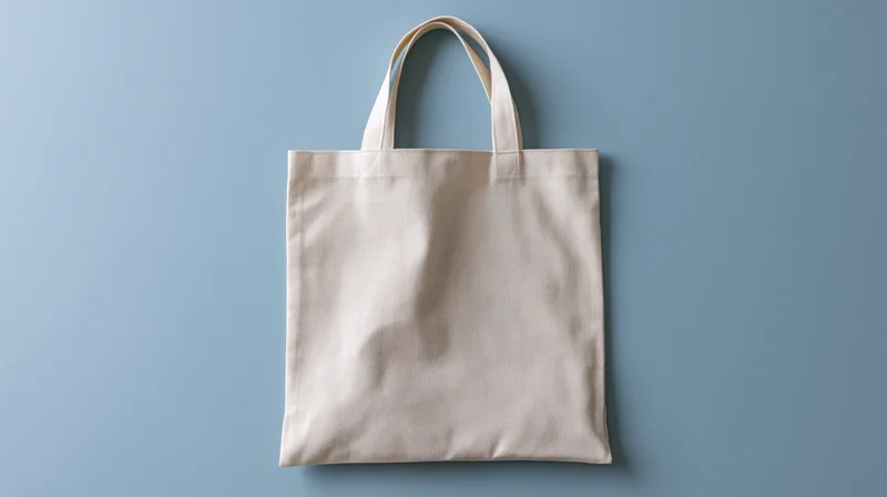 Cream canvas tote bag hanging against blue background with copyspace