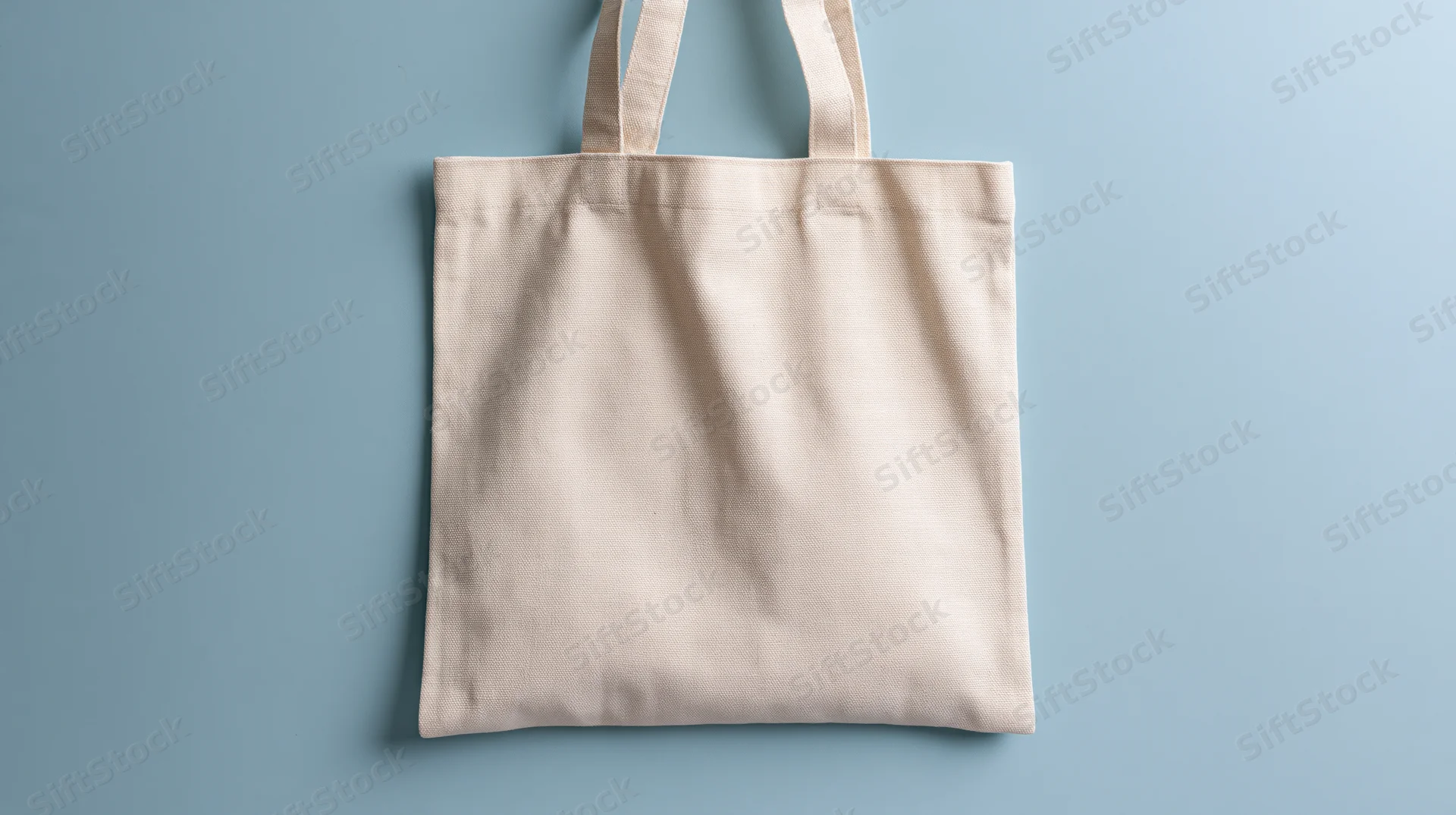 Cream canvas tote bag hanging against a blue background with copyspace