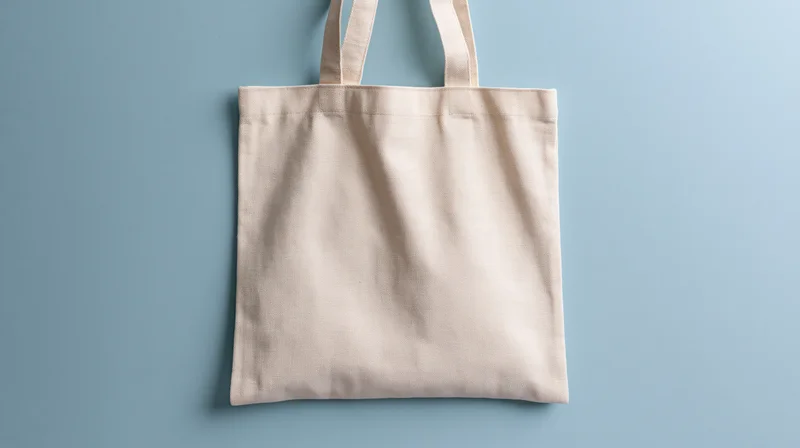 Blank cream canvas tote bag with two short handles hanging flat