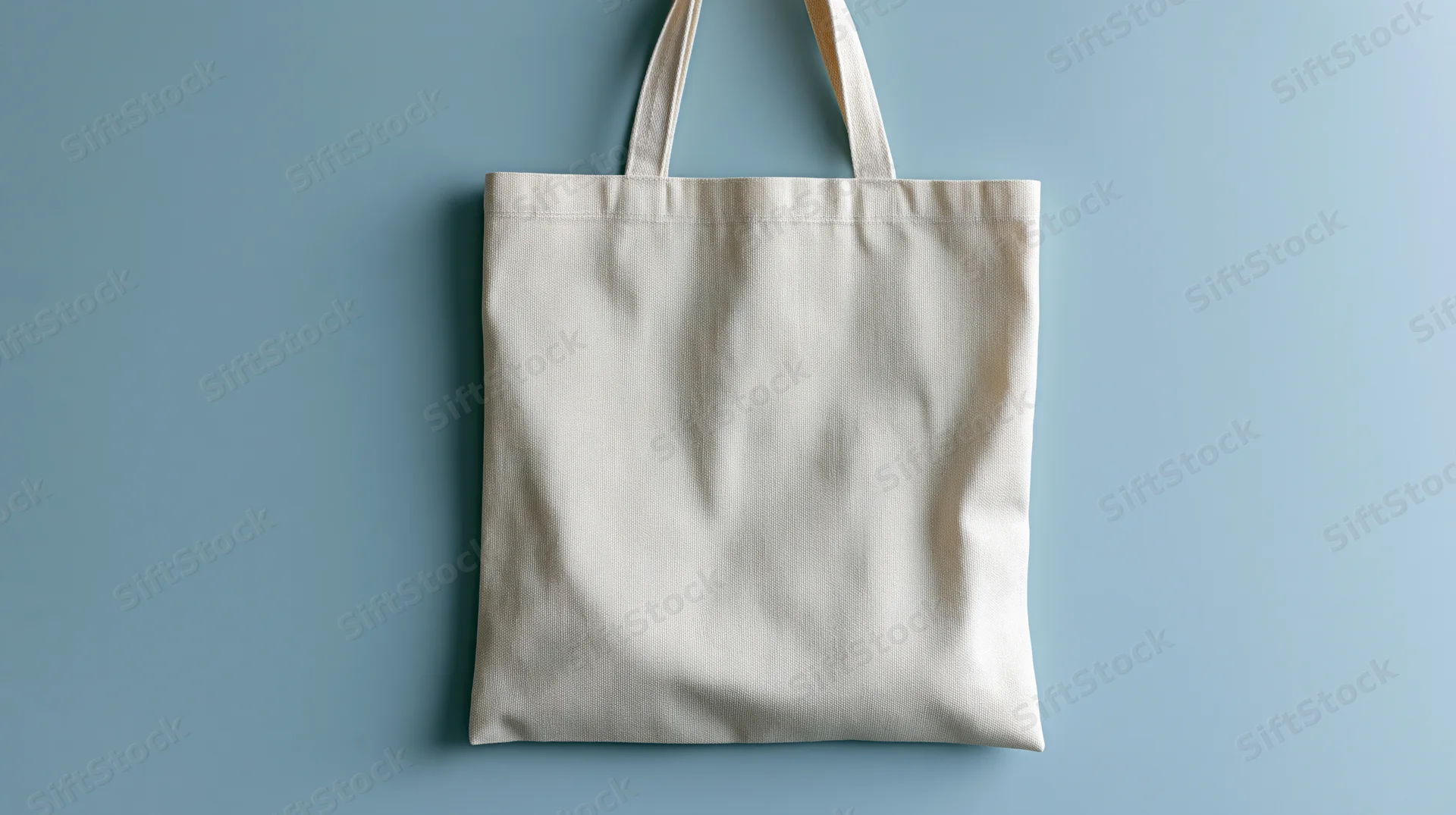 Cream canvas tote bag hanging against blue background with blank surface for branding