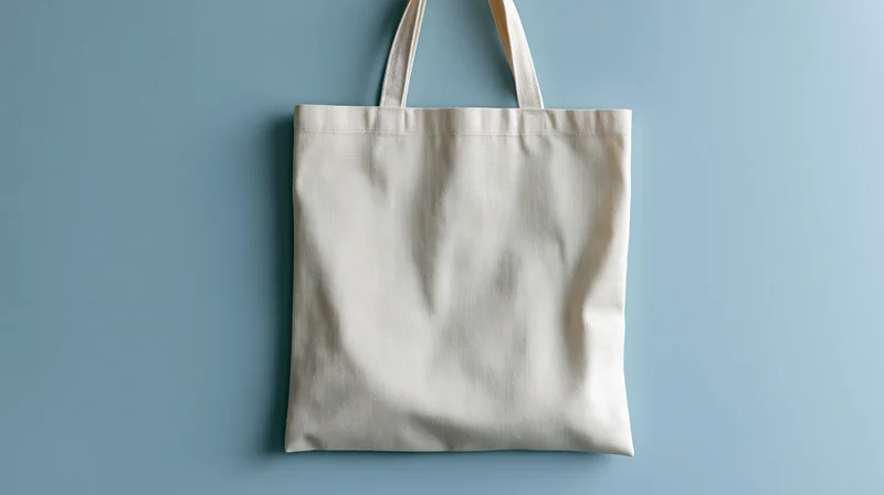 Cream canvas tote bag hanging against blue background with blank surface for branding