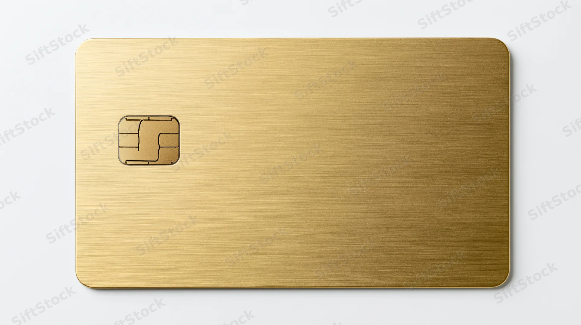 Gold metal credit card with emv chip on white background