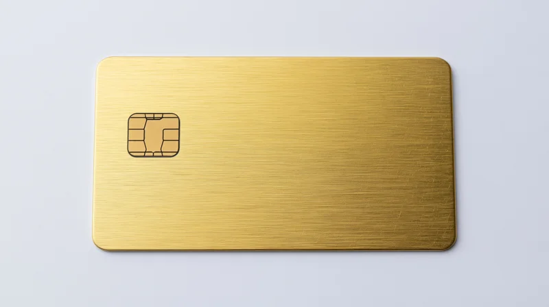Gold metal credit card with emv chip on white background