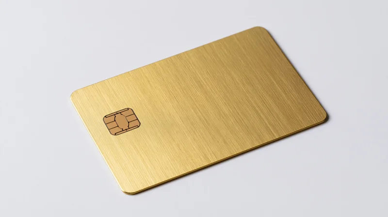 Gold metal credit card with emv chip on white background