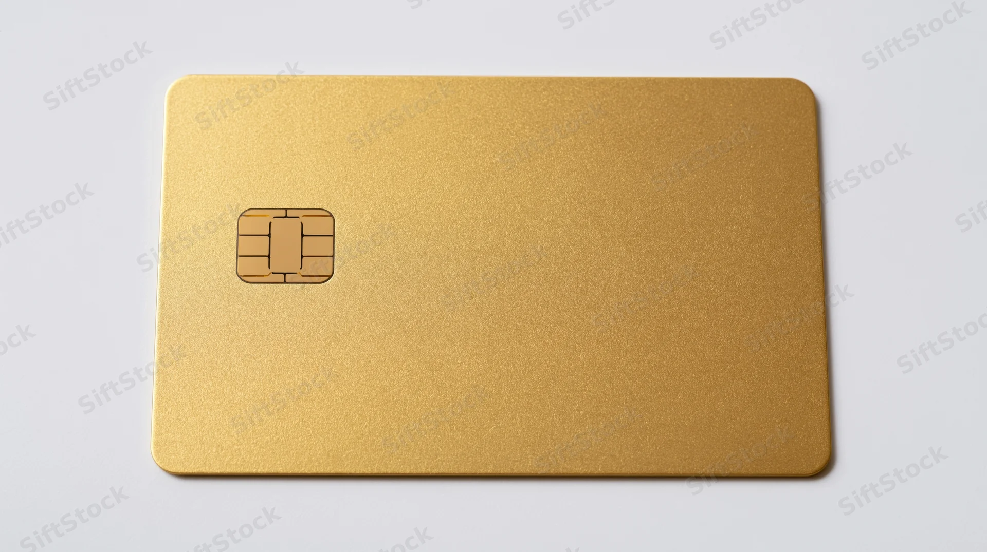 Gold metal credit card with emv chip on left side isolated on white background