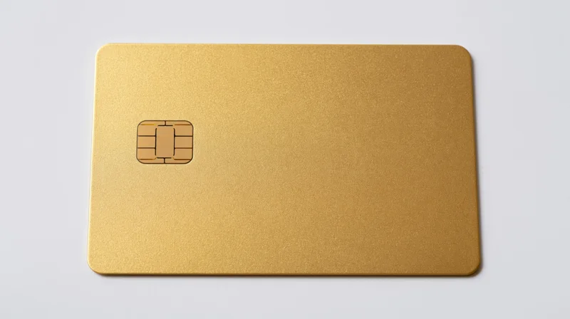 Gold metal credit card with emv chip on left side isolated on white background