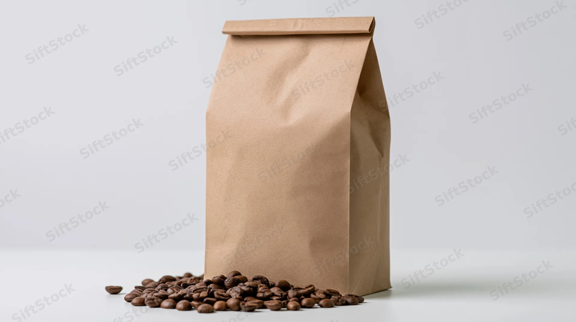 Upright kraft paper coffee bag with scattered coffee beans on white surface