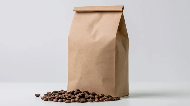 Upright kraft paper coffee bag with scattered coffee beans on white surface