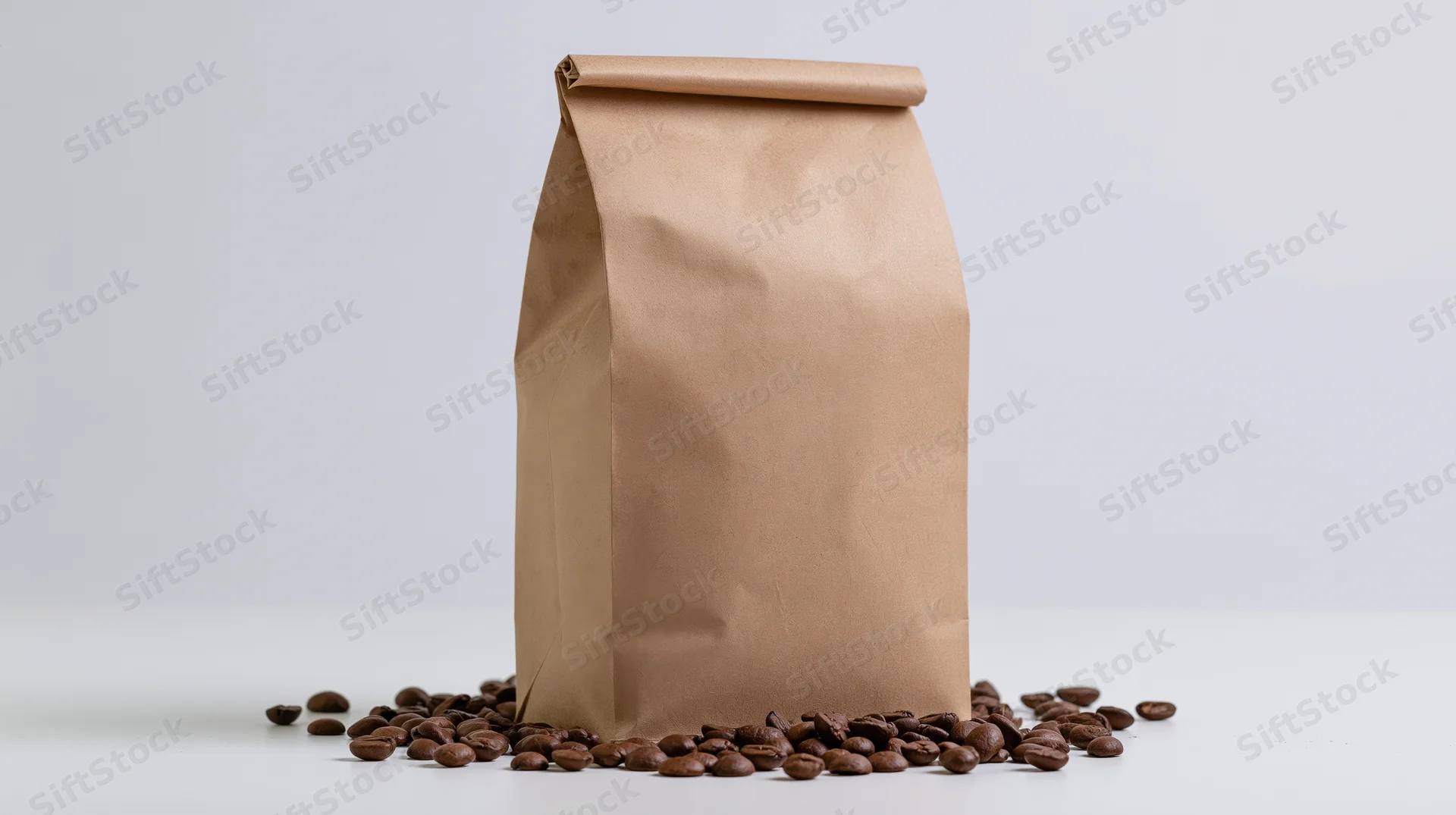 Upright kraft paper coffee bag with scattered beans on white surface