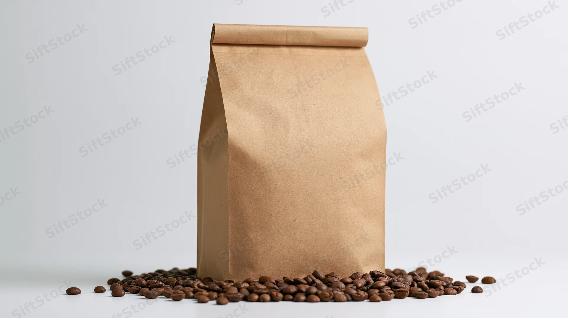 Upright kraft paper coffee bag with scattered beans on white surface