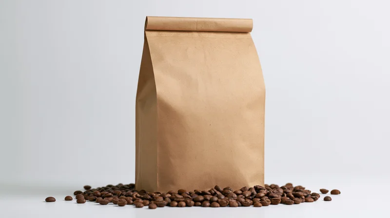 Upright kraft paper coffee bag with scattered beans on white surface