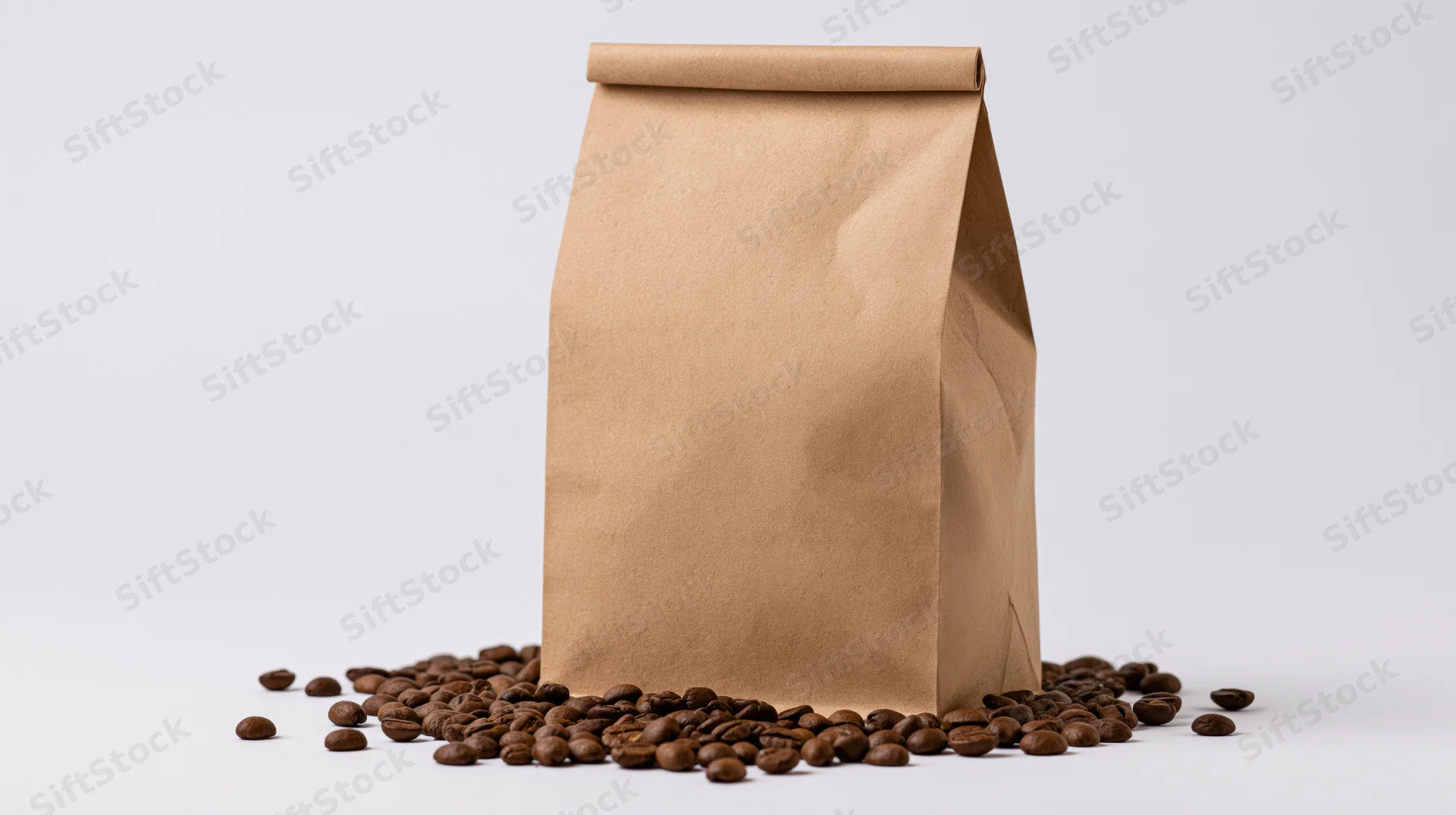 Blank kraft paper coffee bag standing upright with scattered roasted beans on white surface