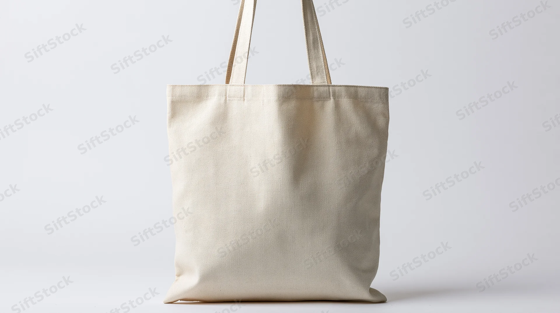 Blank natural canvas tote bag hanging upright against a pure white background