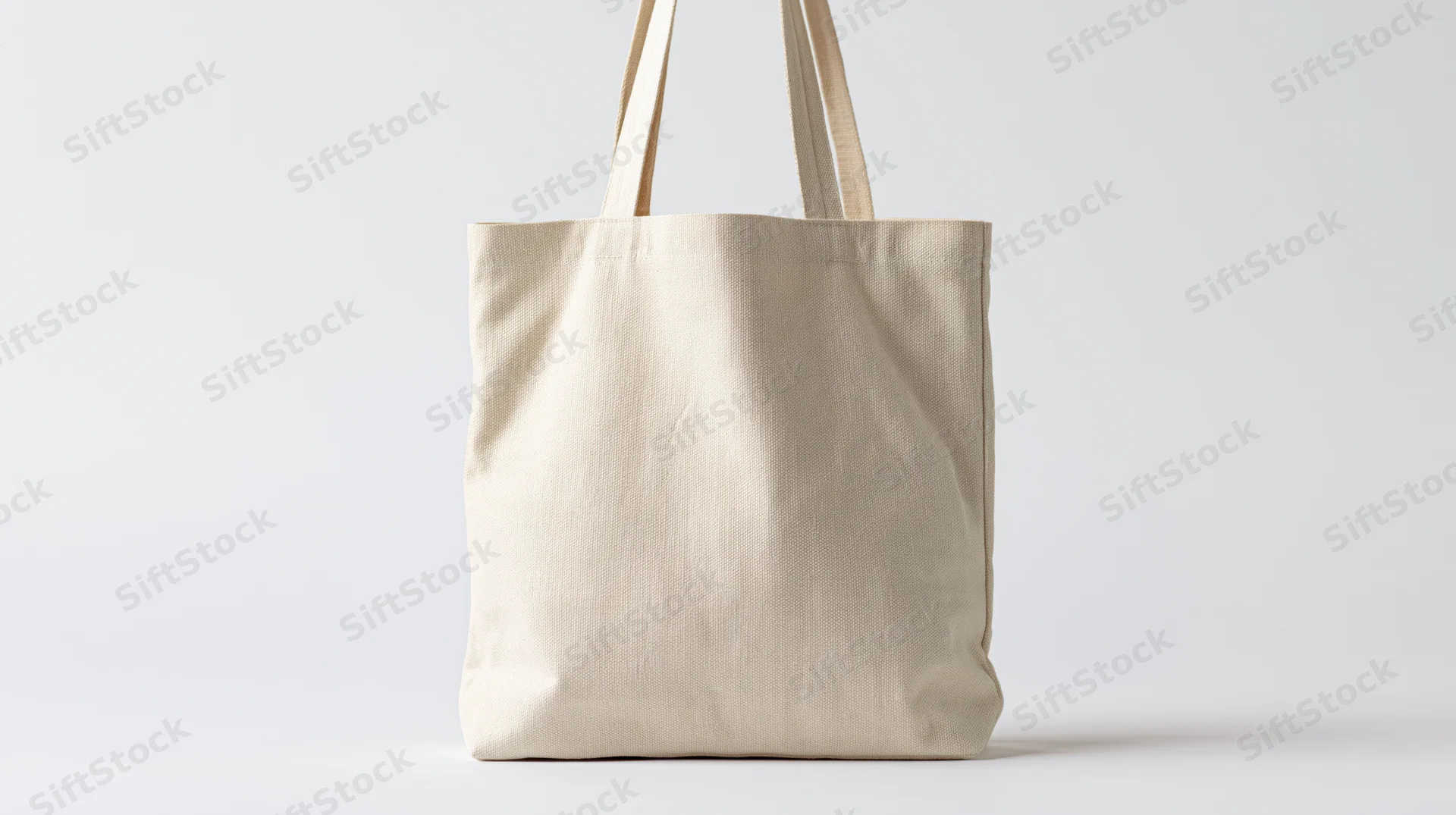 Blank natural canvas tote bag hanging upright against a pure white background
