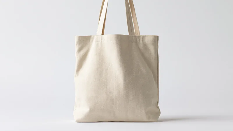 Blank natural canvas tote bag hanging upright against a pure white background