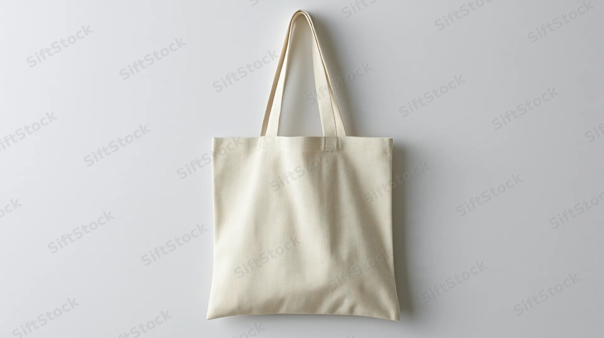 Blank natural canvas tote bag hanging upright against a white background