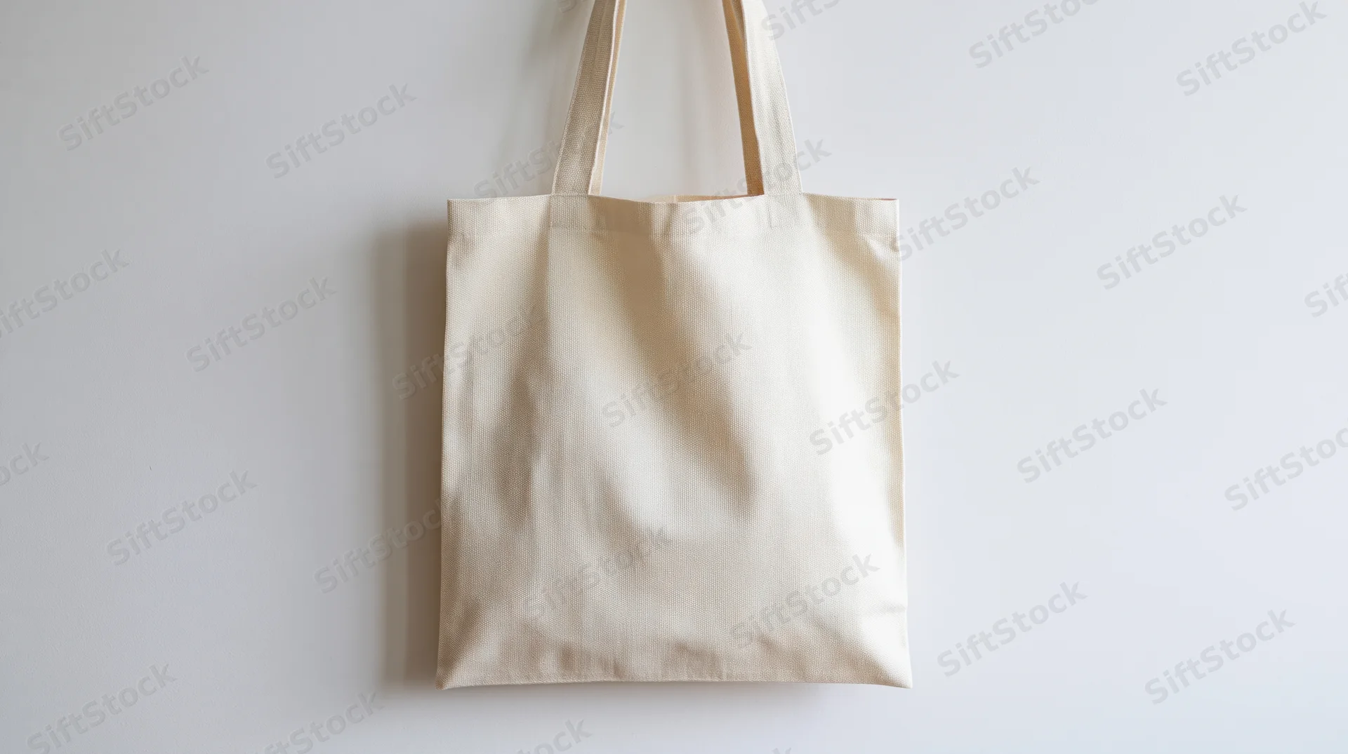 Blank natural canvas tote bag hanging upright against a white background