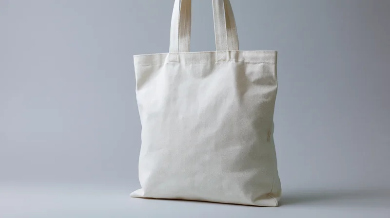 Blank white canvas tote bag standing upright on a flat surface with copyspace