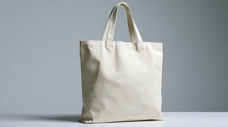 Blank white canvas tote bag standing upright on a flat surface with copyspace for branding