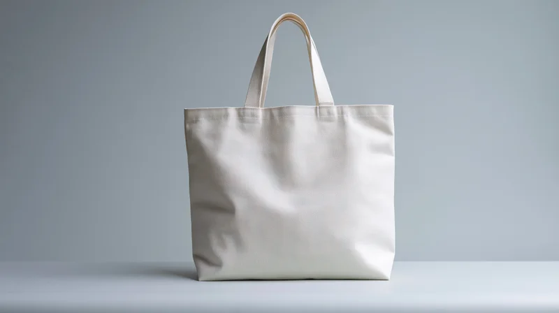 Blank white canvas tote bag standing upright on a flat surface