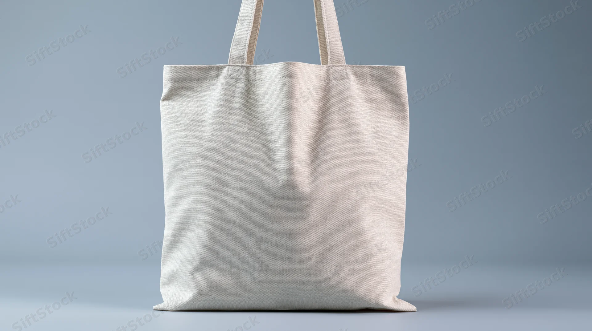 Blank white canvas tote bag standing upright on a flat surface with copyspace for branding