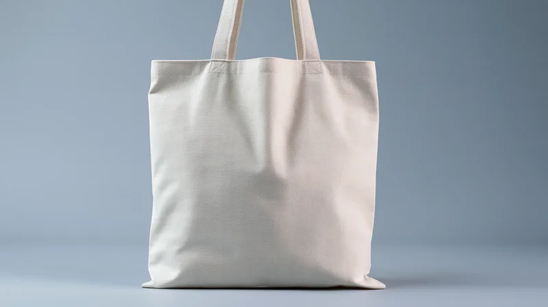 Blank white canvas tote bag standing upright on a flat surface with copyspace for branding