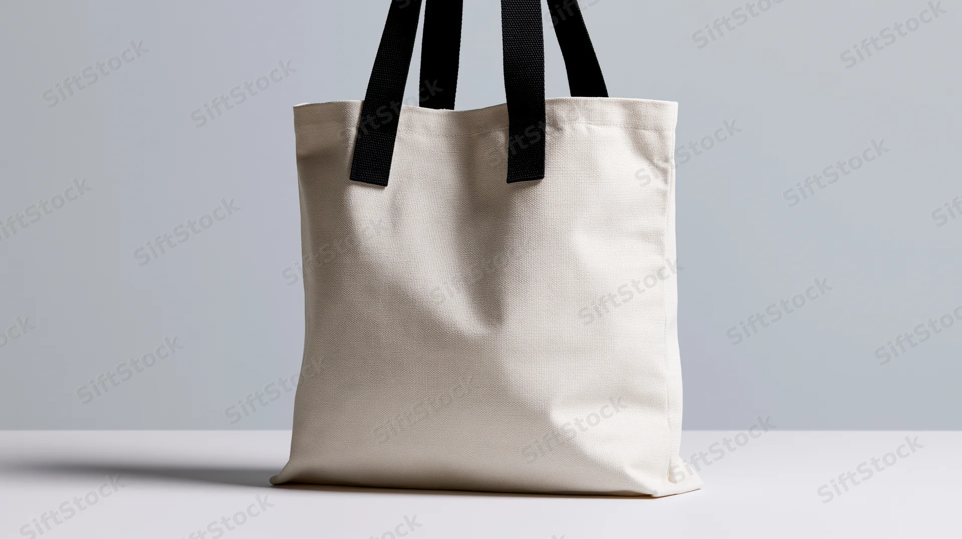 Blank white canvas tote bag with black fabric handles standing on a white surface