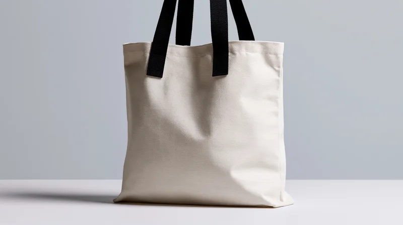 Blank white canvas tote bag with black fabric handles standing on a white surface