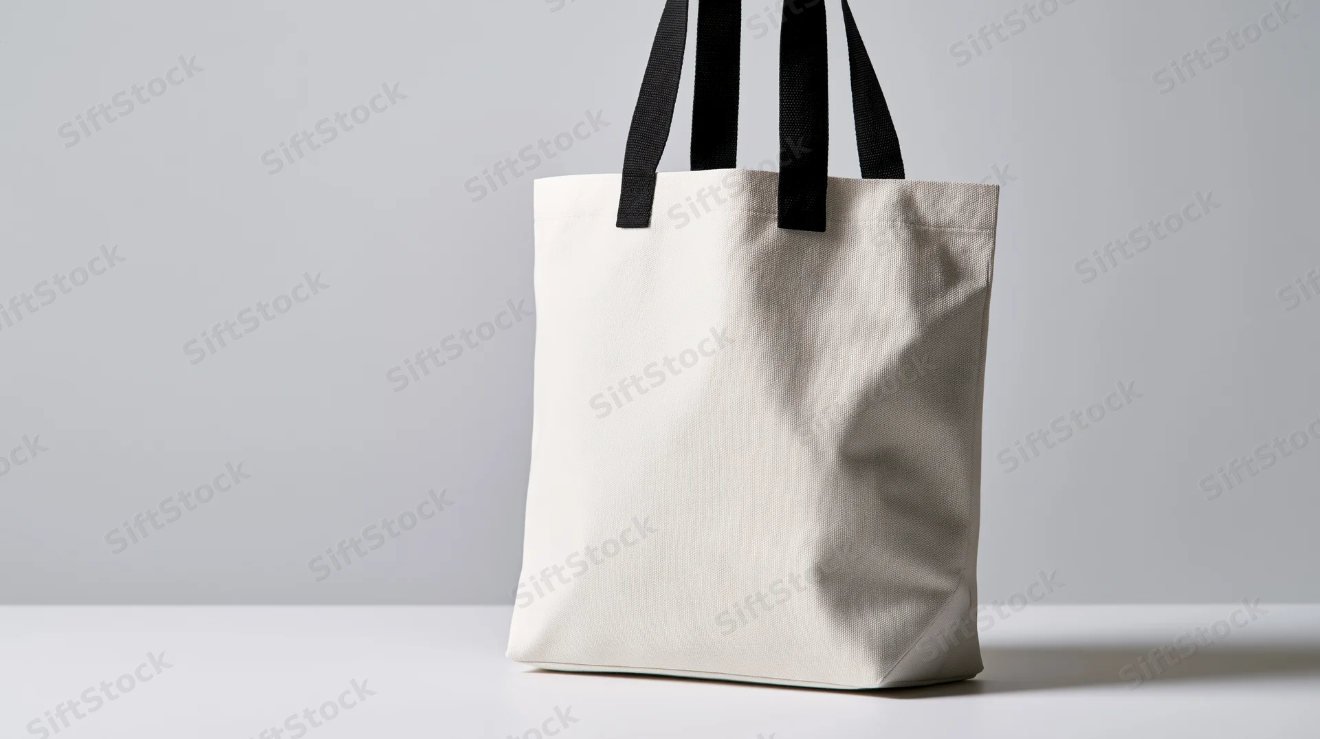 White canvas tote bag with black fabric handles standing on a white surface