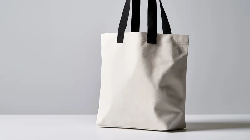White canvas tote bag with black fabric handles standing on a white surface
