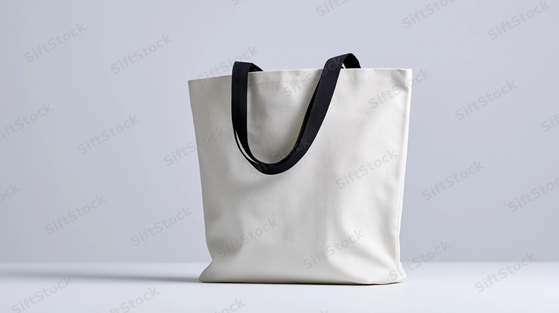 White canvas tote bag with black handles standing on a plain surface