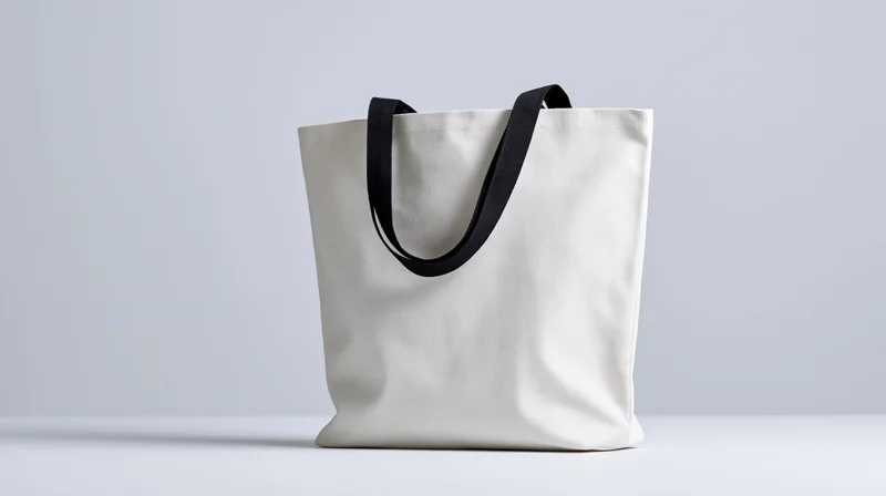 White canvas tote bag with black handles standing on a plain surface
