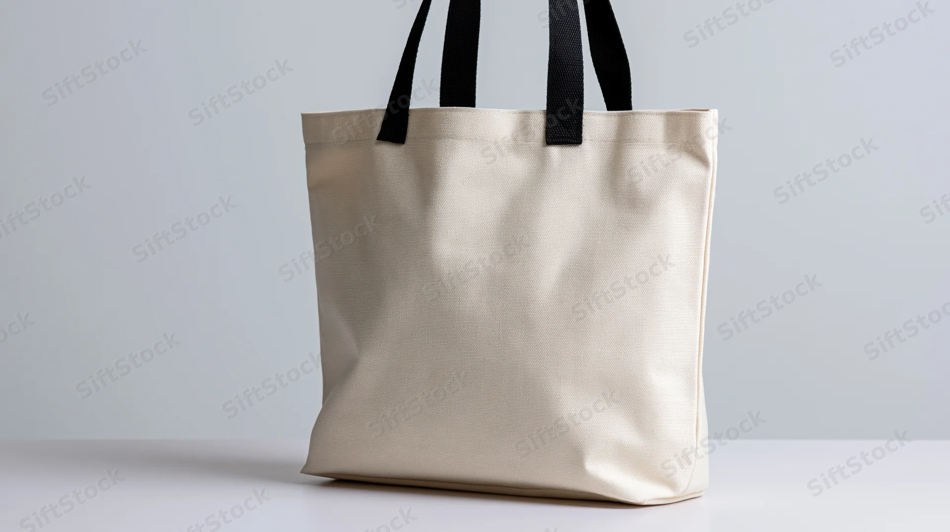 Blank white canvas tote bag with black fabric handles standing on a white surface