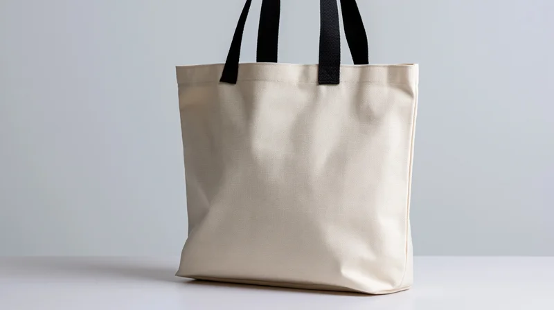 Blank white canvas tote bag with black fabric handles standing on a white surface