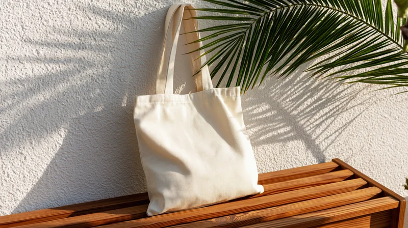 Blank white canvas tote bag with long handles resting on wooden bench beside palm leaf against textured wall
