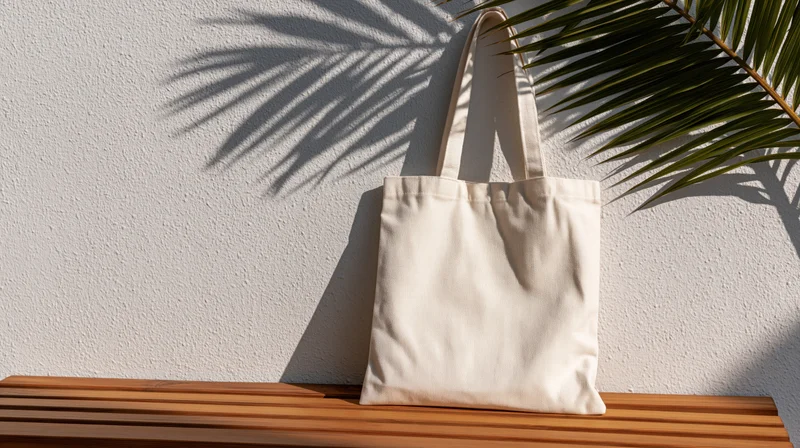 Blank white canvas tote bag leaning against a textured wall with palm frond shadow on wooden bench