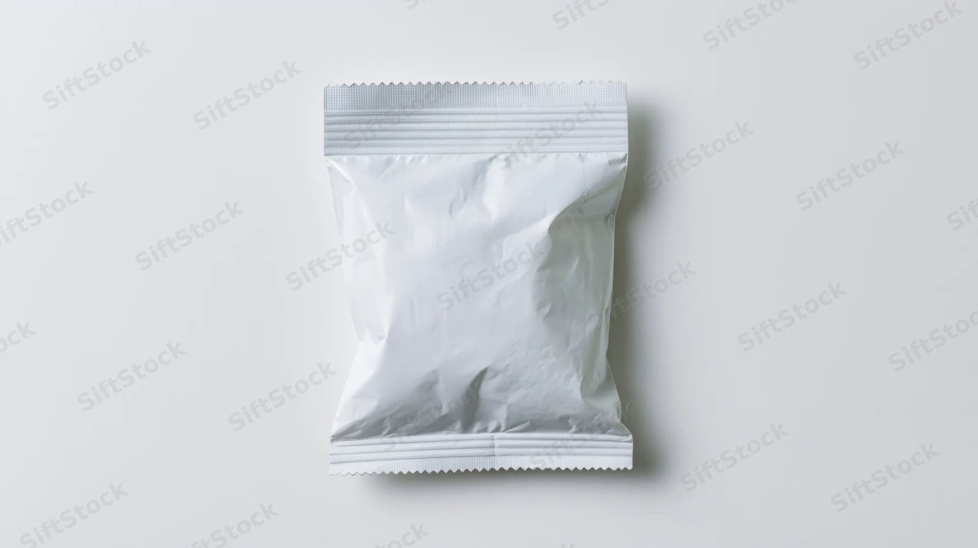 White foil snack pouch with serrated edges on plain background