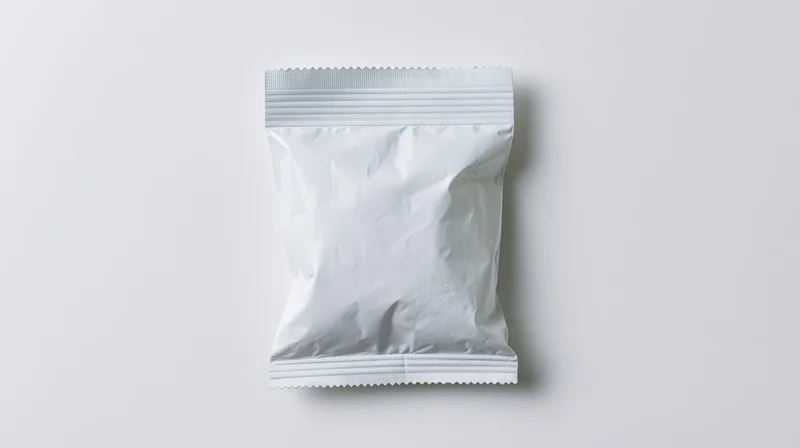 White foil snack pouch with serrated edges on plain background