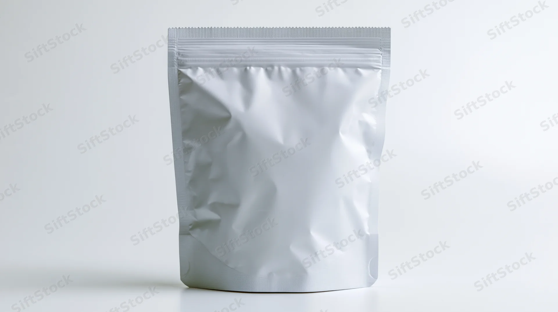 White foil snack pouch with resealable zipper standing on plain surface