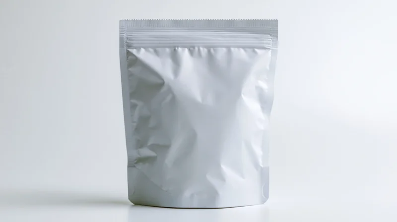 White foil snack pouch with resealable zipper standing on plain surface