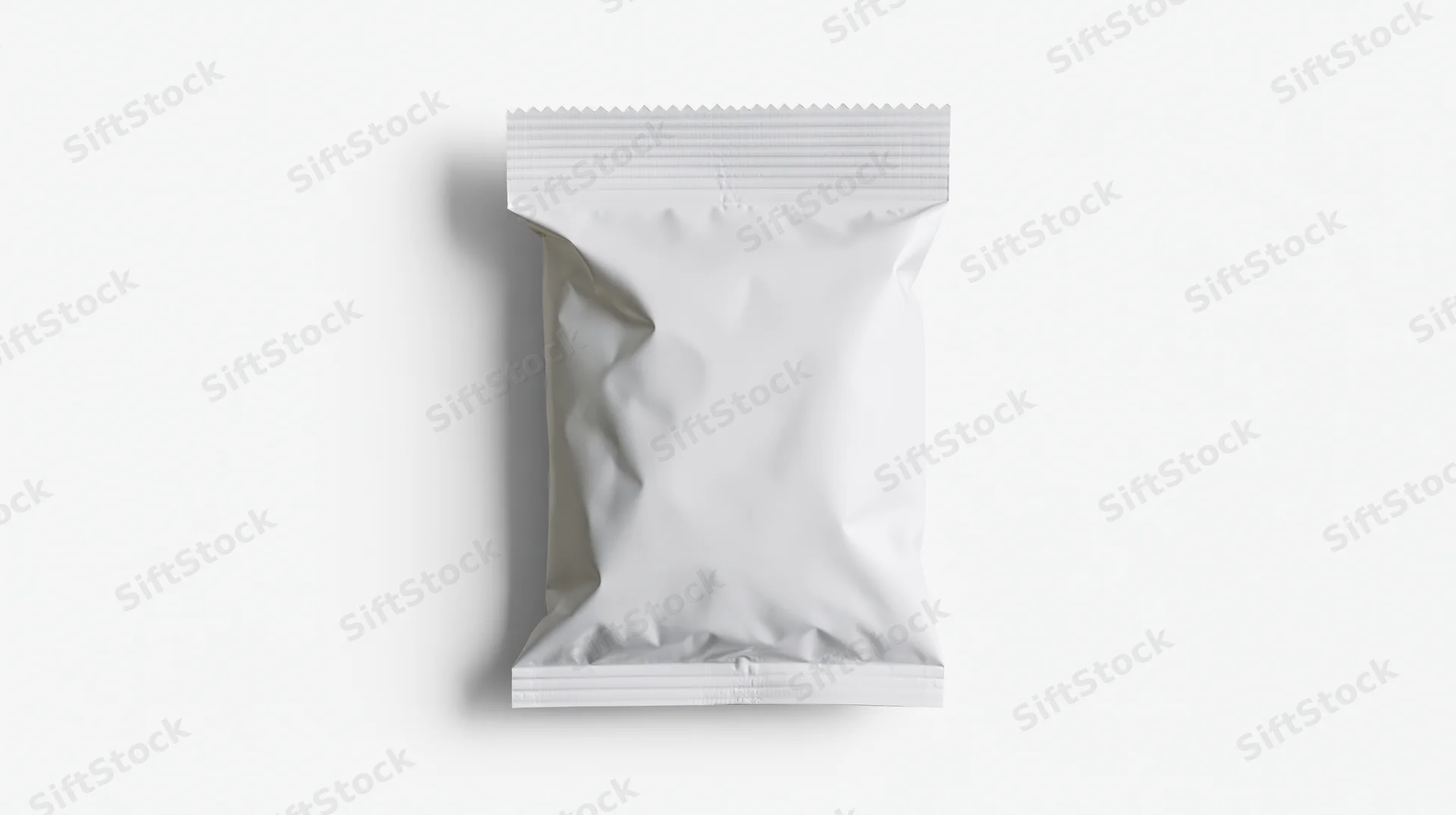 Blank white foil snack pouch with serrated top edge on white background