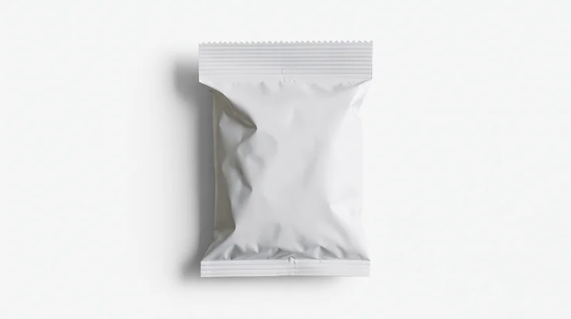 Blank white foil snack pouch with serrated top edge on white background
