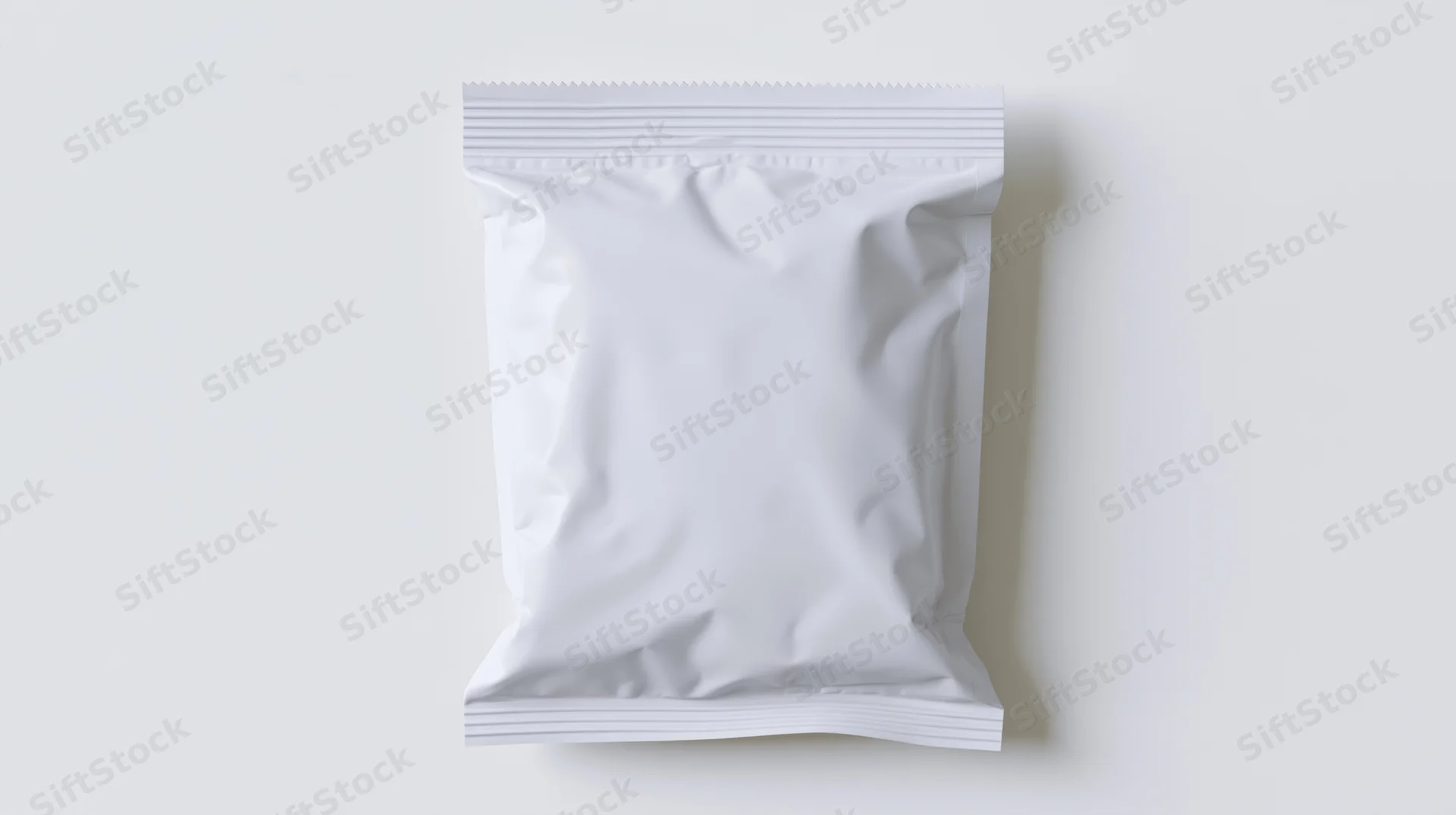 Blank white foil snack pouch with serrated top edge on plain white surface