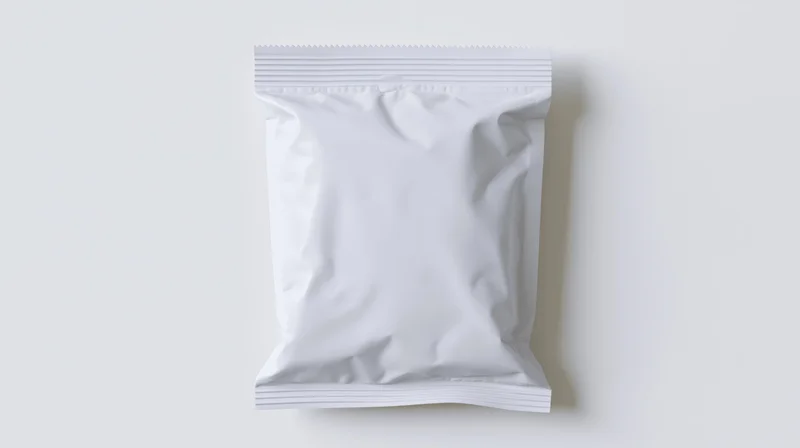 Blank white foil snack pouch with serrated top edge on plain white surface