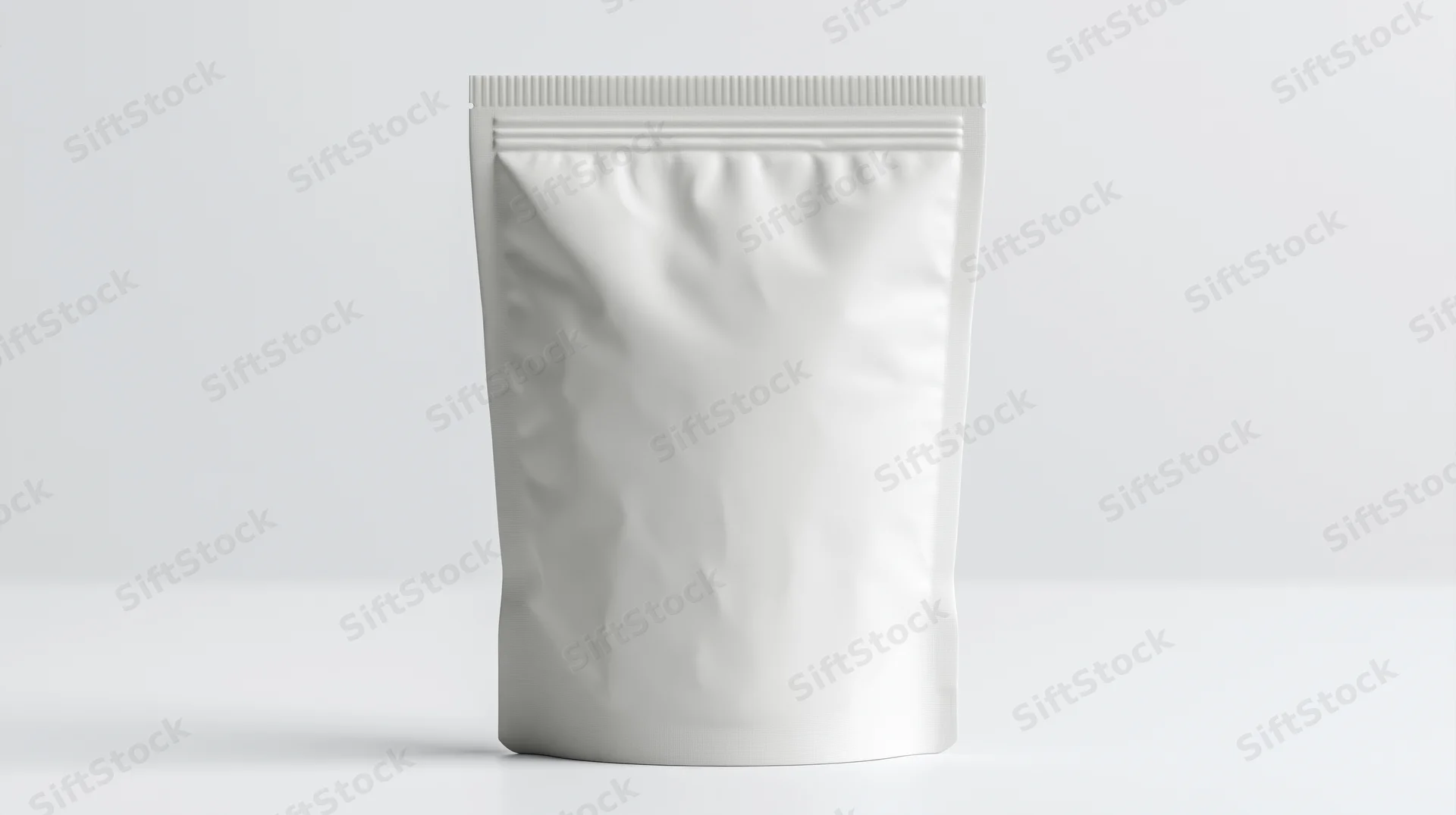 Blank white foil snack pouch standing upright on white surface